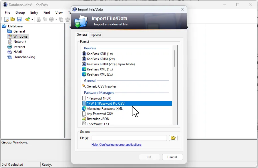 Hộp thoại nhập dữ liệu của KeePass, cho thấy khả năng hỗ trợ nhập từ nhiều định dạng, bao gồm 1Password.