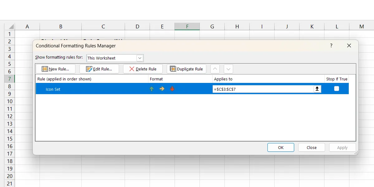 Hộp thoại Quản lý Quy tắc Định dạng có Điều kiện trong Excel, đang chọn quy tắc Bộ biểu tượng để chỉnh sửa.