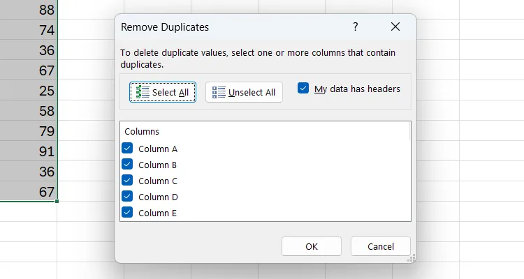Hộp thoại Remove Duplicates trong bảng tính Excel