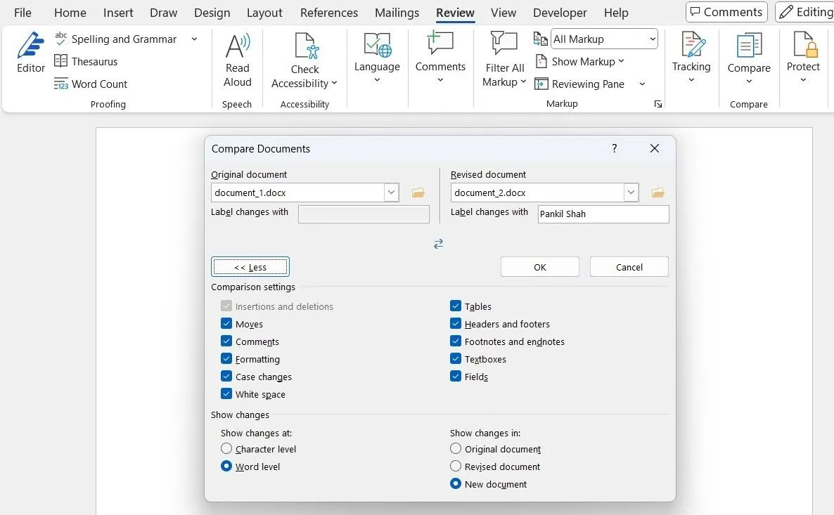 Hộp thoại so sánh tài liệu trong Microsoft Word