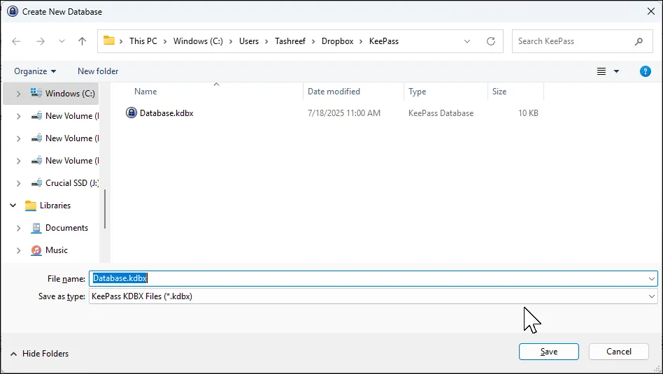 Hộp thoại tạo cơ sở dữ liệu mới của KeePass, hiển thị tùy chọn lưu tệp KDBX vào thư mục Dropbox để đồng bộ.