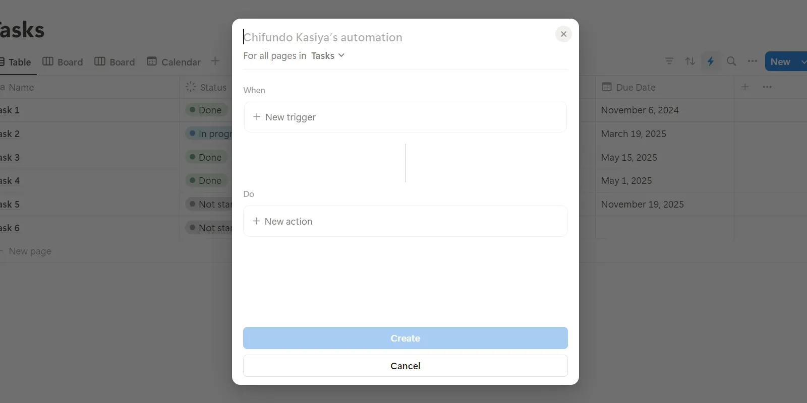 Hộp thoại tạo tự động hóa (Automation) trong Notion, cho phép thiết lập trigger và action.