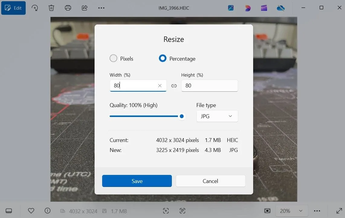 Hộp thoại thay đổi kích thước ảnh trong ứng dụng Photos Windows 11