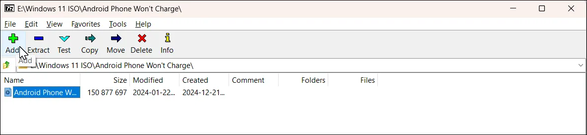 Hộp thoại thêm vào kho lưu trữ của 7-Zip trên Windows 11 với biểu tượng thêm màu xanh lá