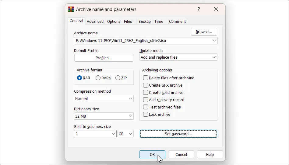Hộp thoại thêm vào kho lưu trữ của WinRAR trên Windows 11 với tùy chọn chia dung lượng