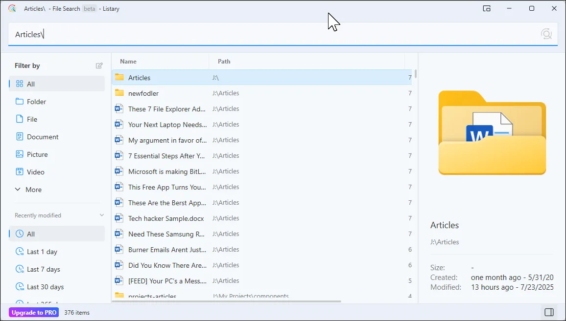 Hộp thoại tìm kiếm file Listary hiển thị các tùy chọn lọc và chi tiết tệp được tìm thấy