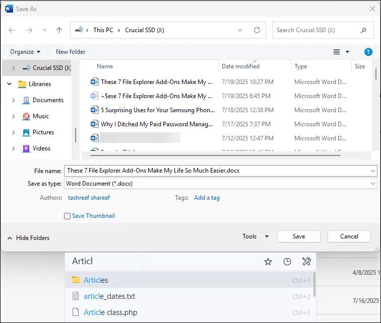 Hộp thoại tìm kiếm nhanh của Listary hiển thị trên cửa sổ Save As của Microsoft Word