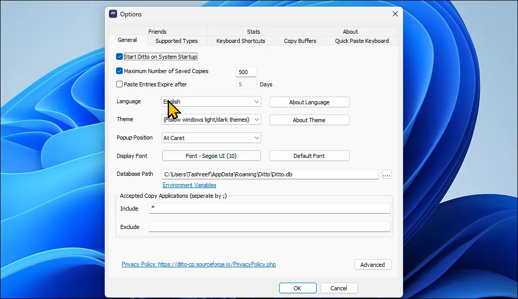 Hộp thoại tùy chỉnh cài đặt của Ditto Clipboard Manager trên Windows 11