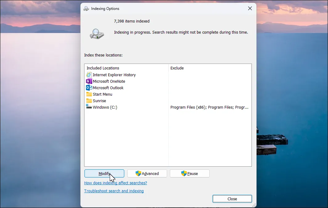 Hộp thoại tùy chọn lập chỉ mục (Indexing Options) trên Windows 11, giúp tối ưu tìm kiếm file