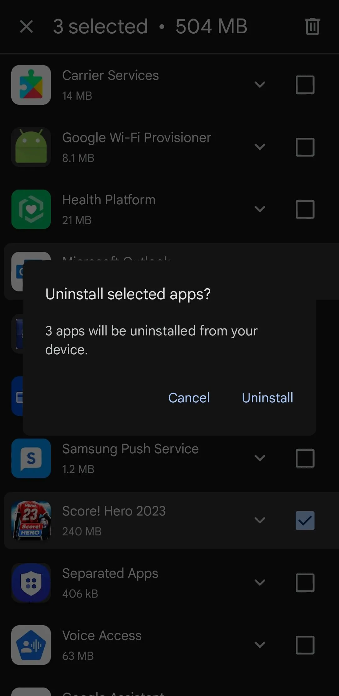 Hộp thoại xác nhận gỡ cài đặt ứng dụng trong Play Store trên Samsung Galaxy