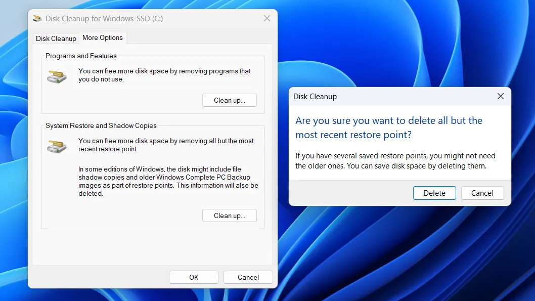 Hộp thoại xác nhận xóa các điểm khôi phục hệ thống cũ trong công cụ Disk Cleanup của Windows 11