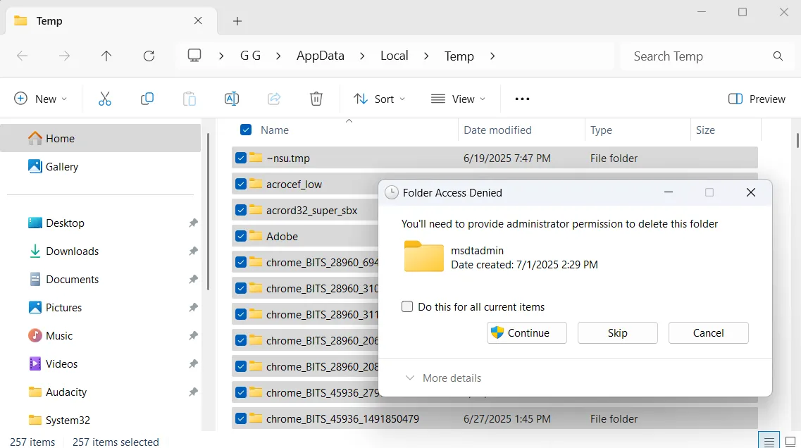 Hộp thoại xác nhận xóa trong thư mục tạm trên Windows