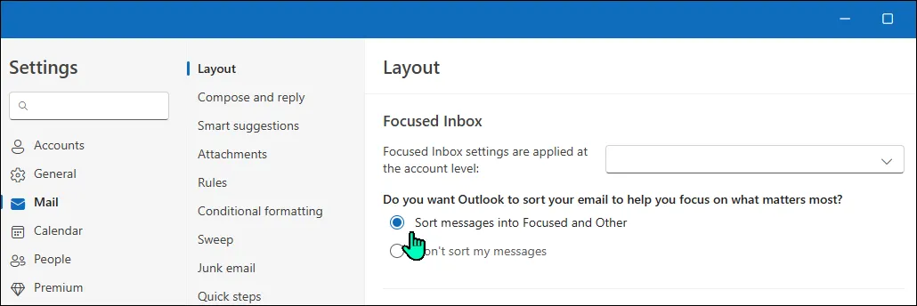 Hộp thư đến ưu tiên Focused Inbox đã được bật trong ứng dụng Outlook trên Windows