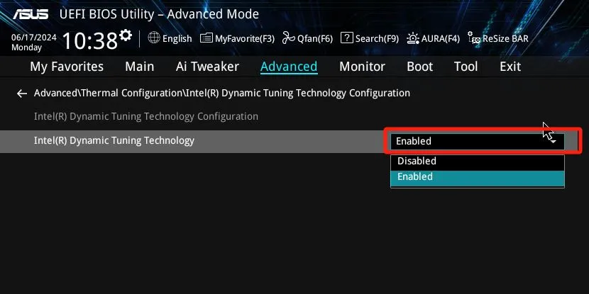 Hướng dẫn bật công nghệ Intel Dynamic Tuning Technology (DTT) trong giao diện BIOS của bo mạch chủ ASUS.