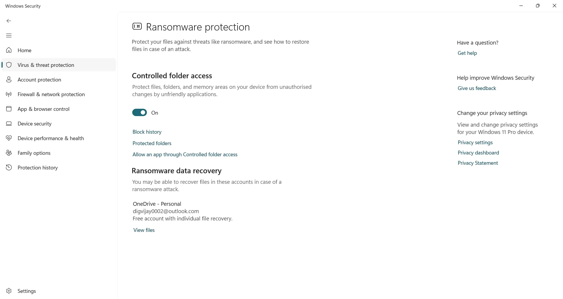 Hướng dẫn bật tính năng Controlled Folder Access trong phần cài đặt bảo vệ ransomware của Windows Security