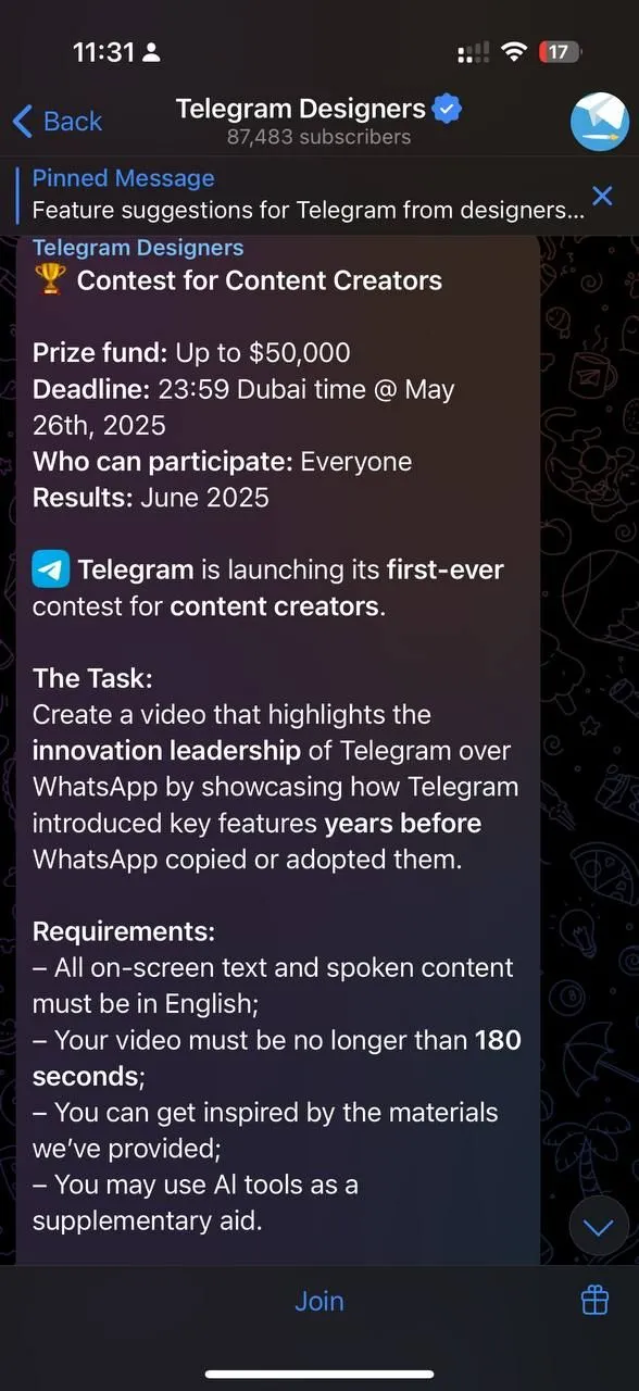 Hướng dẫn cuộc thi "kéo WhatsApp" của Telegram được đăng tải trên kênh chính thức của Pavel Durov