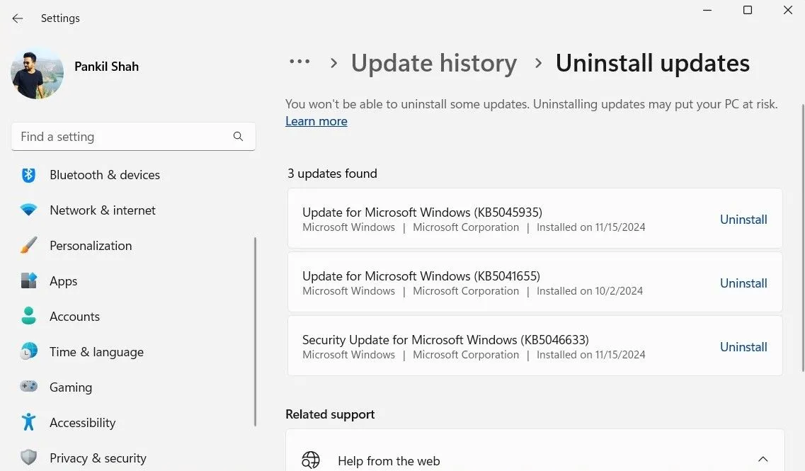 Hướng dẫn gỡ bỏ bản cập nhật Windows 11 KB5051987 thông qua giao diện Cài đặt để khắc phục lỗi.