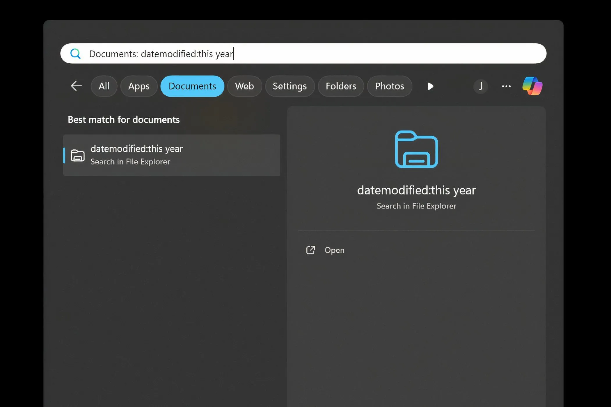 Hướng dẫn sử dụng bộ lọc tìm kiếm "Ngày sửa đổi" trong File Explorer của Windows, hiển thị kết quả được lọc theo thời gian gần đây.