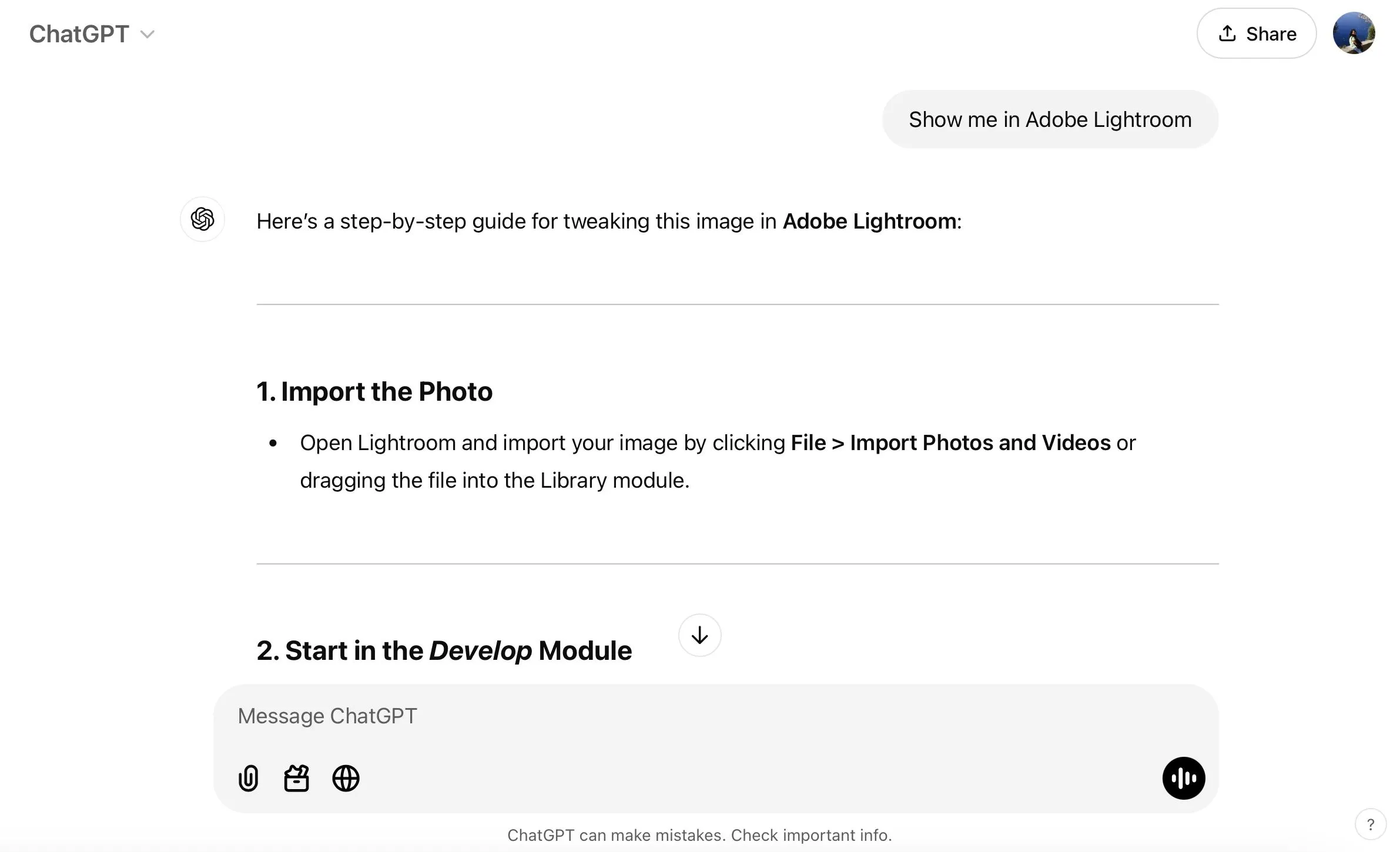 Hướng dẫn từng bước chỉnh sửa ảnh trong Adobe Lightroom do ChatGPT cung cấp