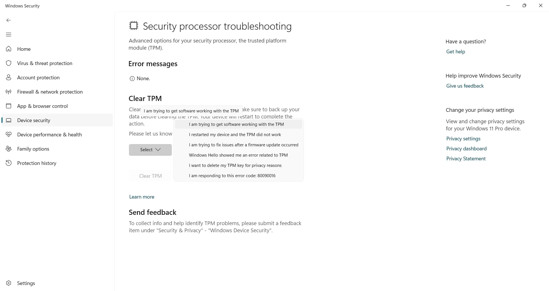 Hướng dẫn xóa dữ liệu TPM trong Windows 11 qua cài đặt Security processor troubleshooting