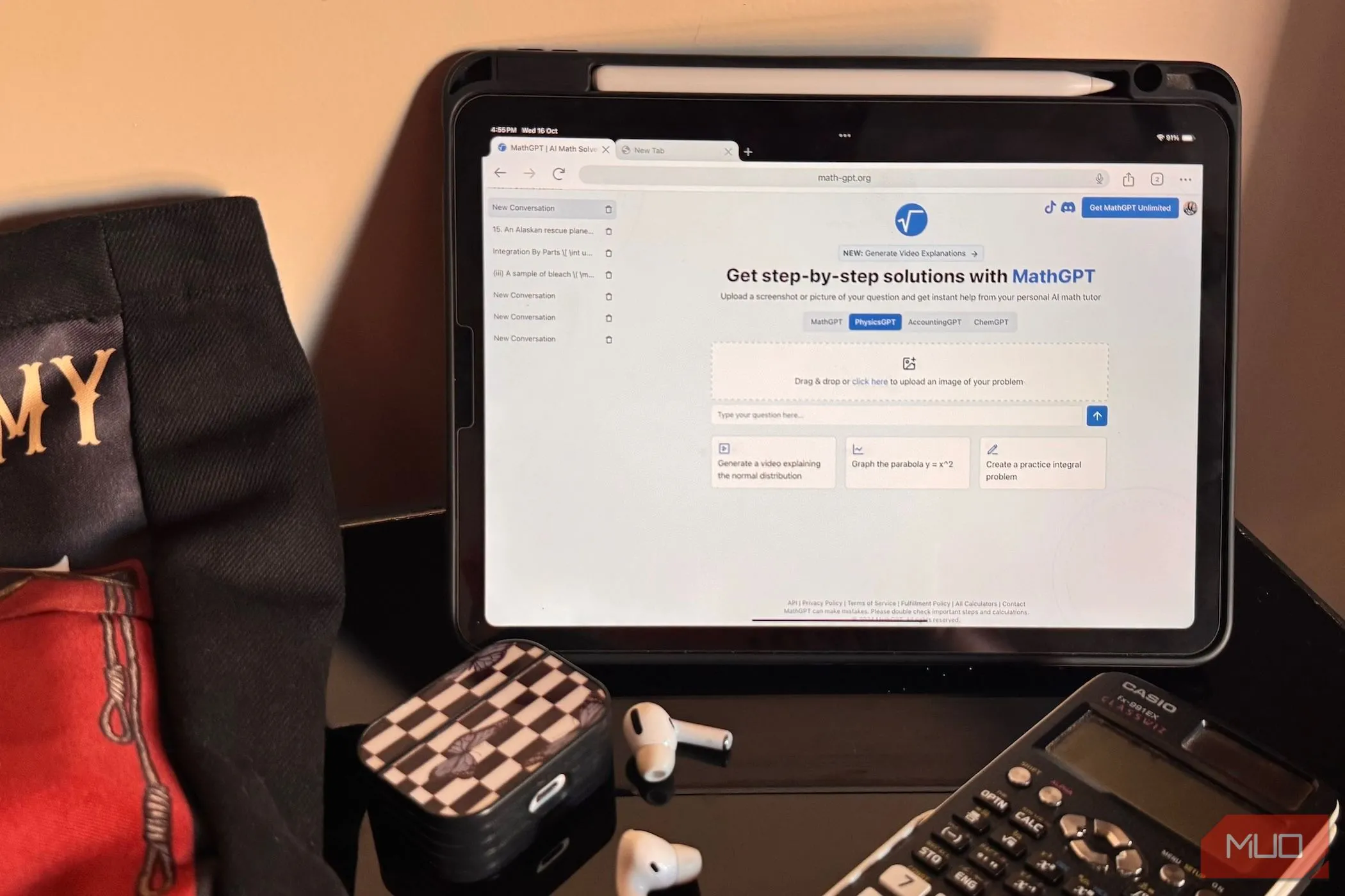 iPad đang hiển thị ứng dụng MathGPT, cùng với tai nghe AirPods và máy tính Casio trên bàn, minh họa khả năng làm việc linh hoạt ở nhiều không gian.