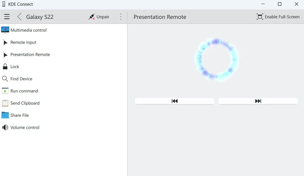 KDE Connect trên Windows hiển thị giao diện điều khiển trình chiếu, cho phép điện thoại Android trở thành remote thuyết trình.