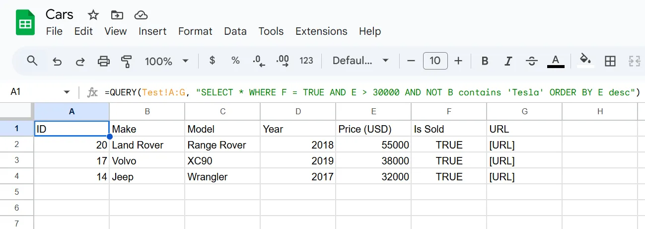 Kết quả của công thức QUERY được đặt trên một tab trống trong Google Sheets, hiển thị dữ liệu đã được lọc và sắp xếp theo nhiều điều kiện.