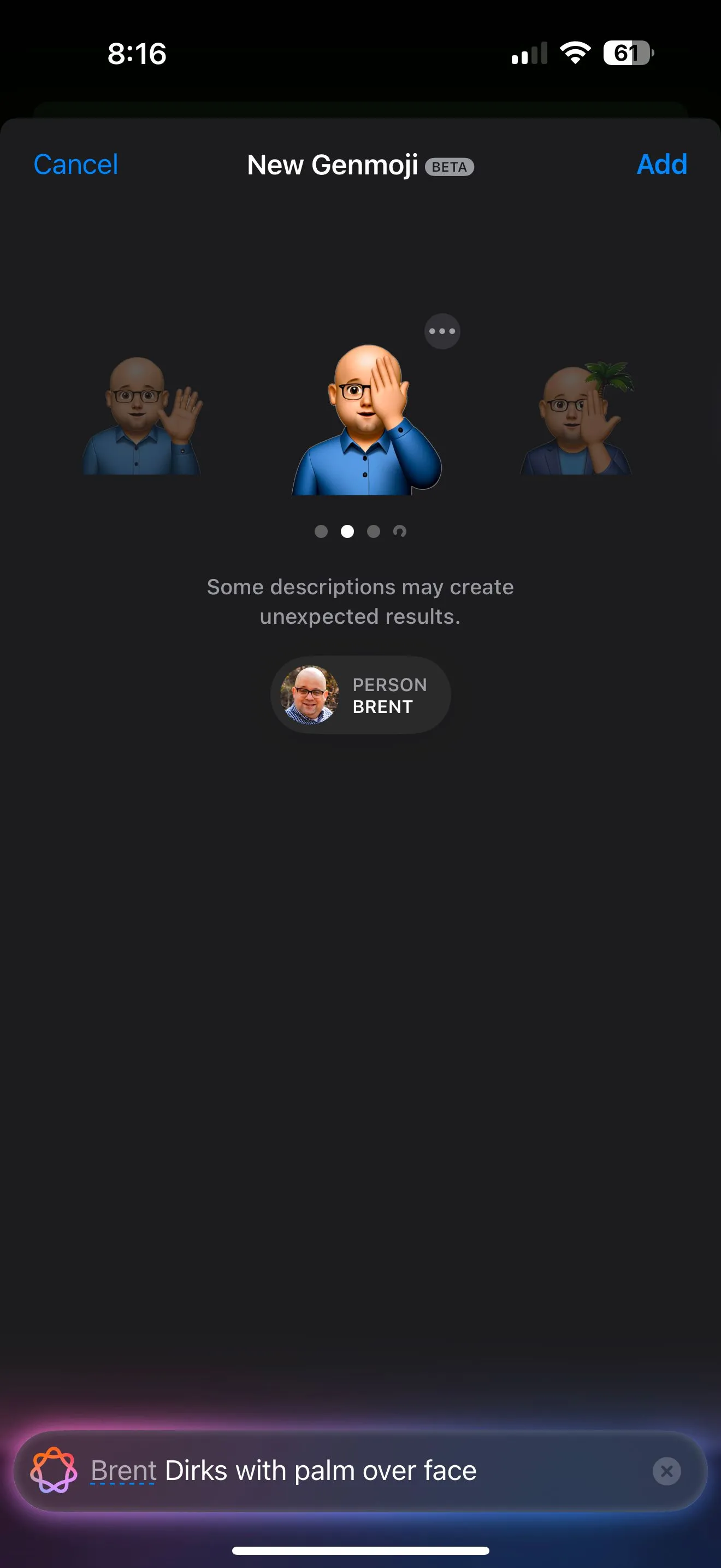 Kết quả Genmoji tạo biểu cảm 'facepalm' cá nhân