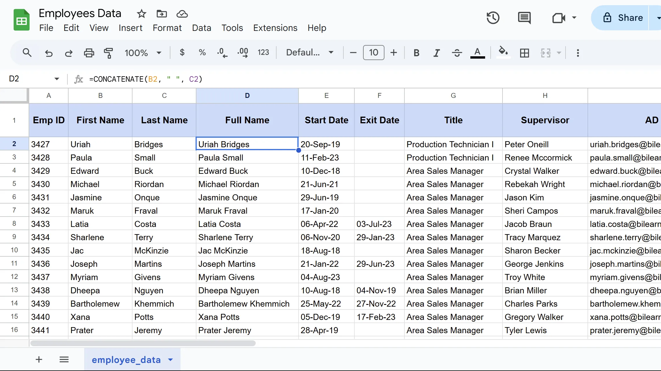 Kết quả hàm CONCATENATE nối chuỗi văn bản từ ô B2 và C2, thêm khoảng trắng ở giữa trong Google Sheets