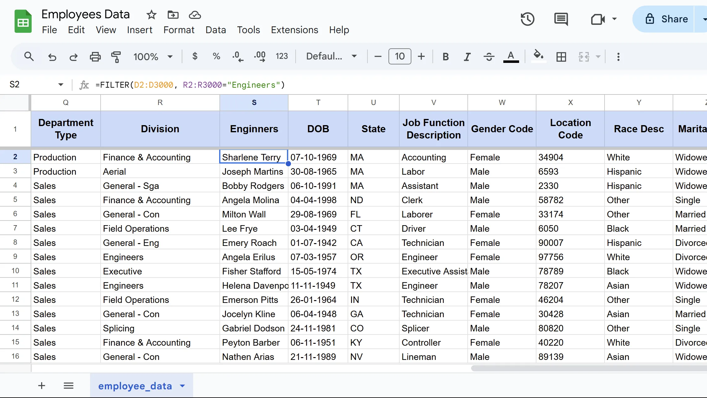 Kết quả hàm FILTER hiển thị các hàng dữ liệu của nhân viên thuộc phòng ban &quot;Engineers&quot; trong Google Sheets
