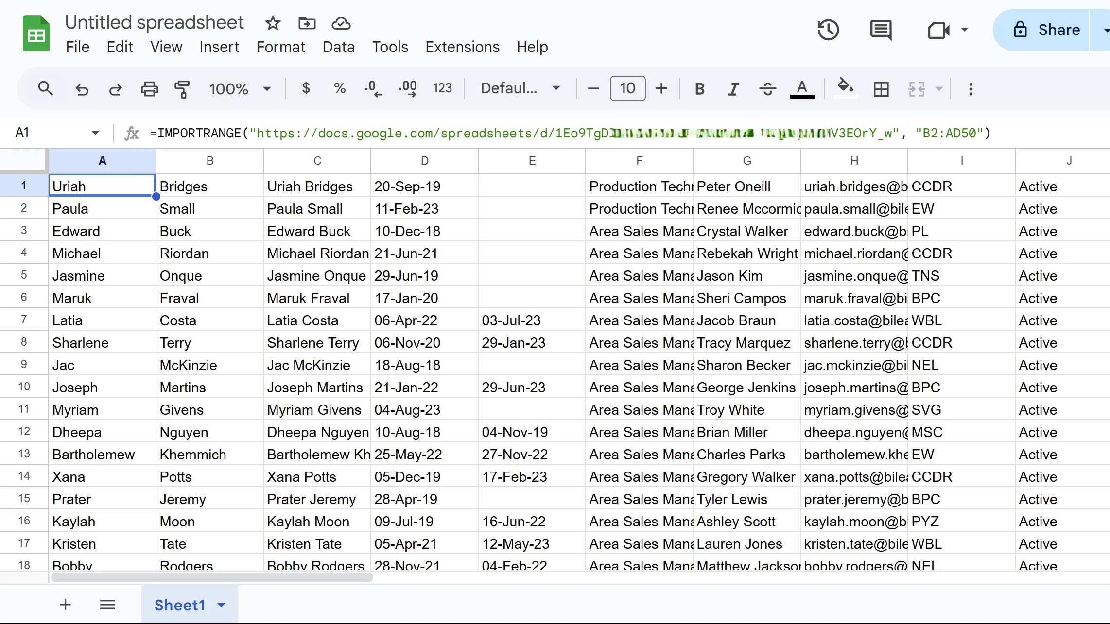 Kết quả hàm IMPORTRANGE nhập dữ liệu trực tiếp từ một bảng tính Google Sheets khác vào trang hiện tại