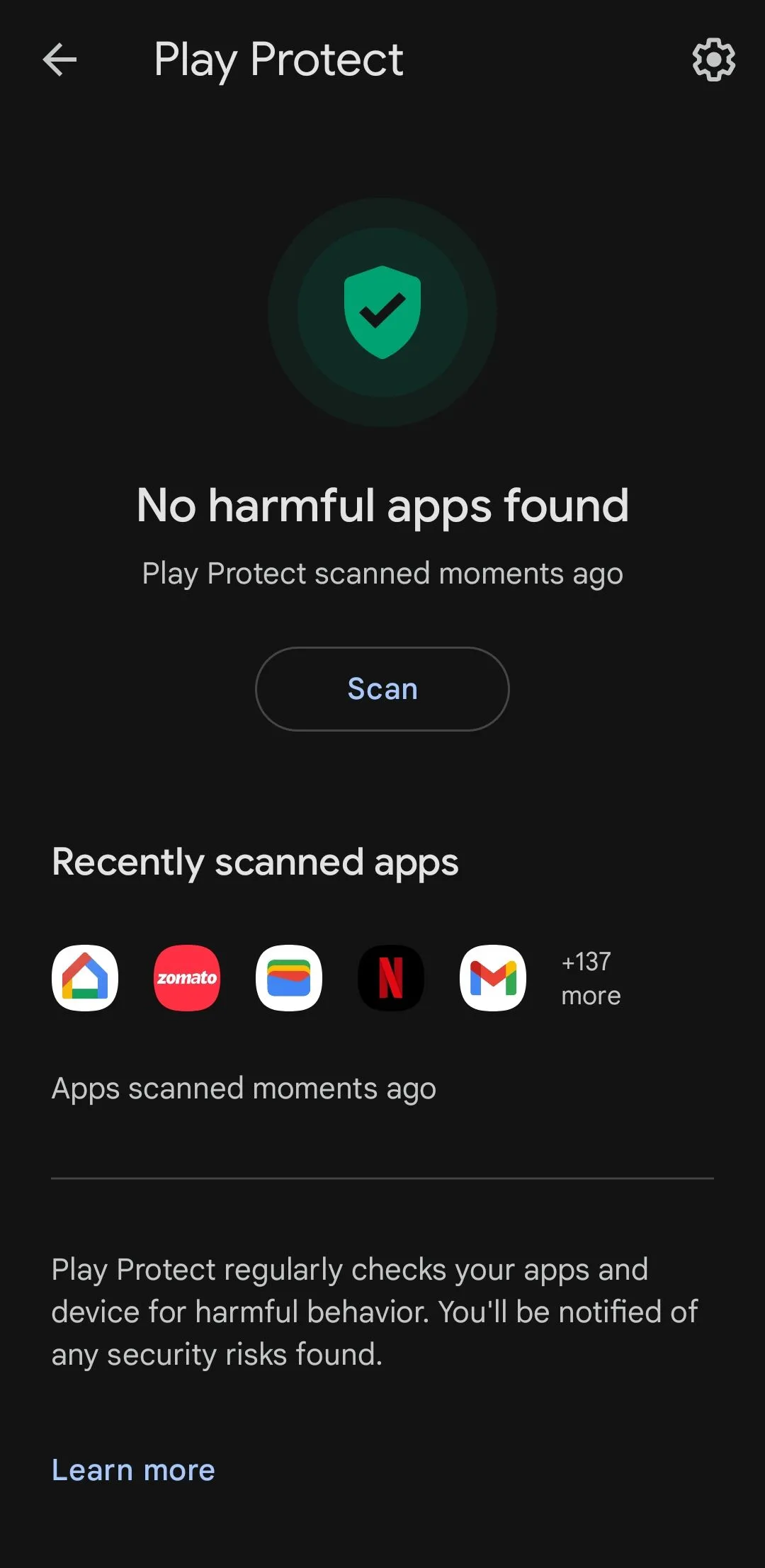 Kết quả quét của Google Play Protect trên điện thoại Android