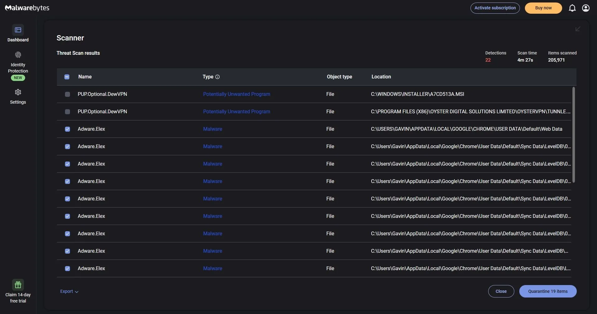 Kết quả quét Malwarebytes phát hiện Adware Elex trên máy tính
