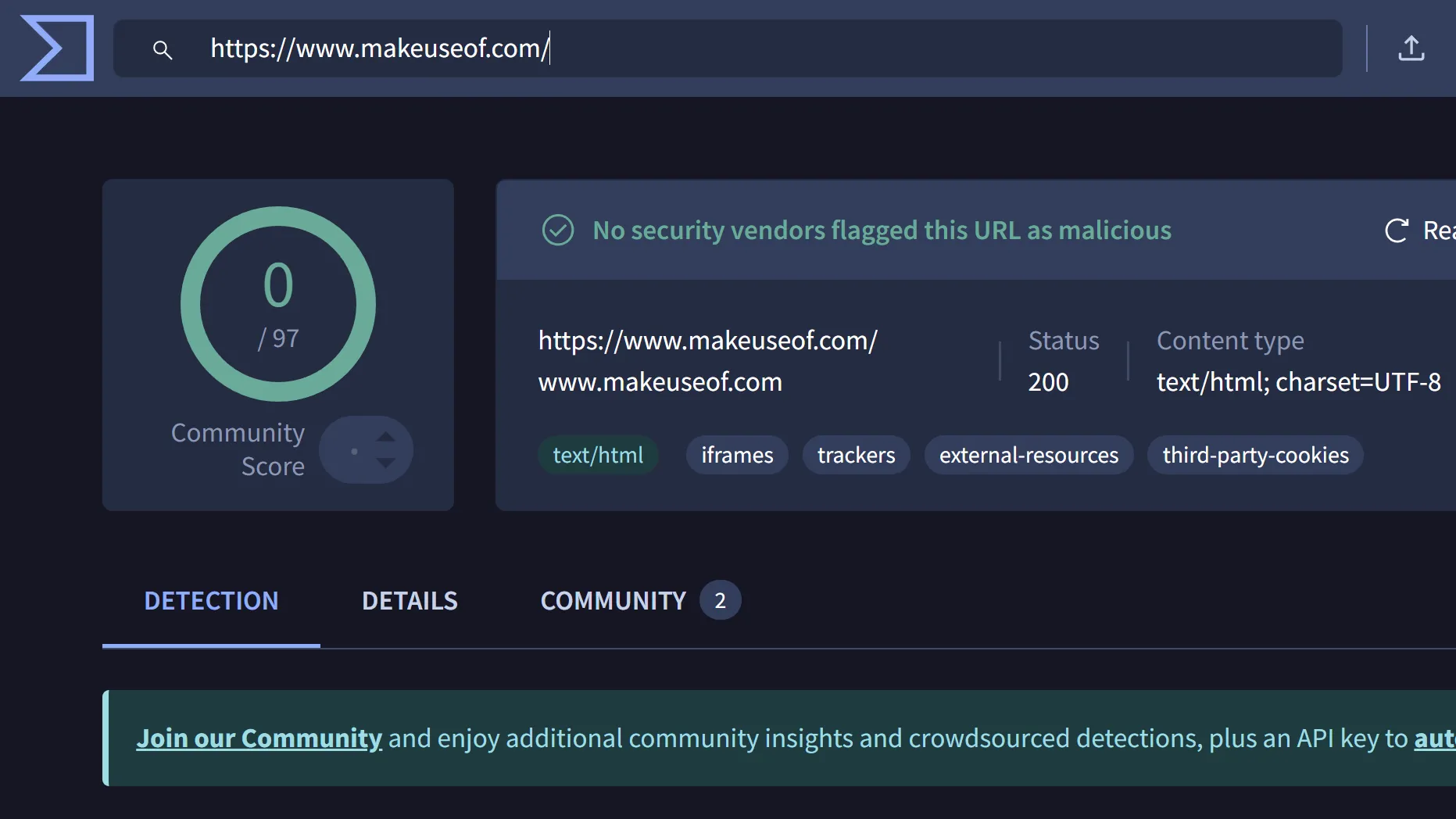 Kết quả quét URL trên VirusTotal xác nhận không phát hiện phần mềm độc hại cho liên kết đã kiểm tra