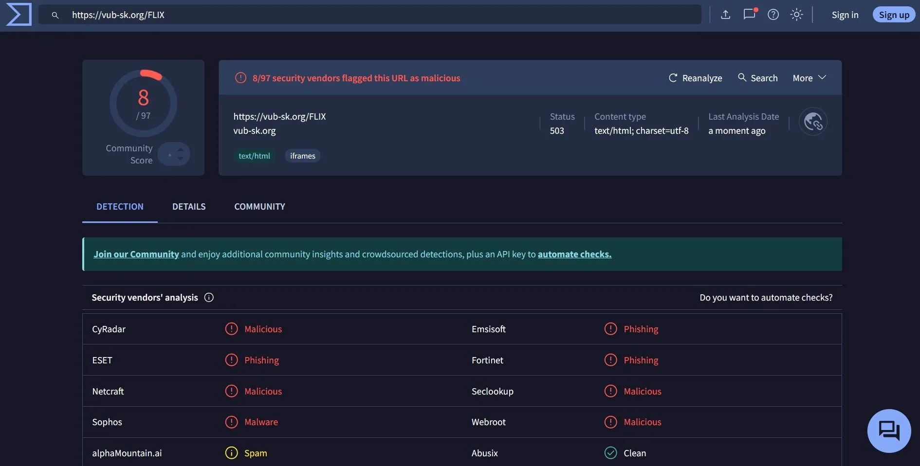 Kết quả quét VirusTotal cho thấy liên kết lừa đảo Netflix chứa mã độc hoặc phishing.