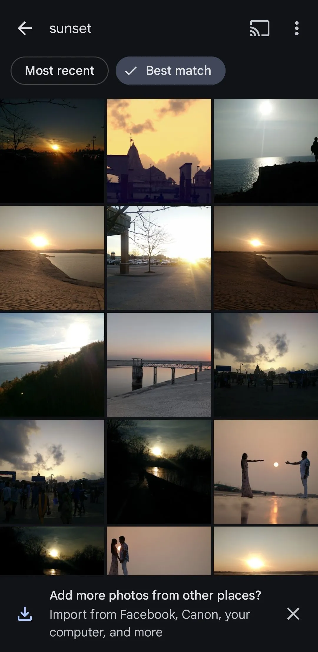 Kết quả tìm kiếm ảnh hoàng hôn trong Google Photos theo từ khóa
