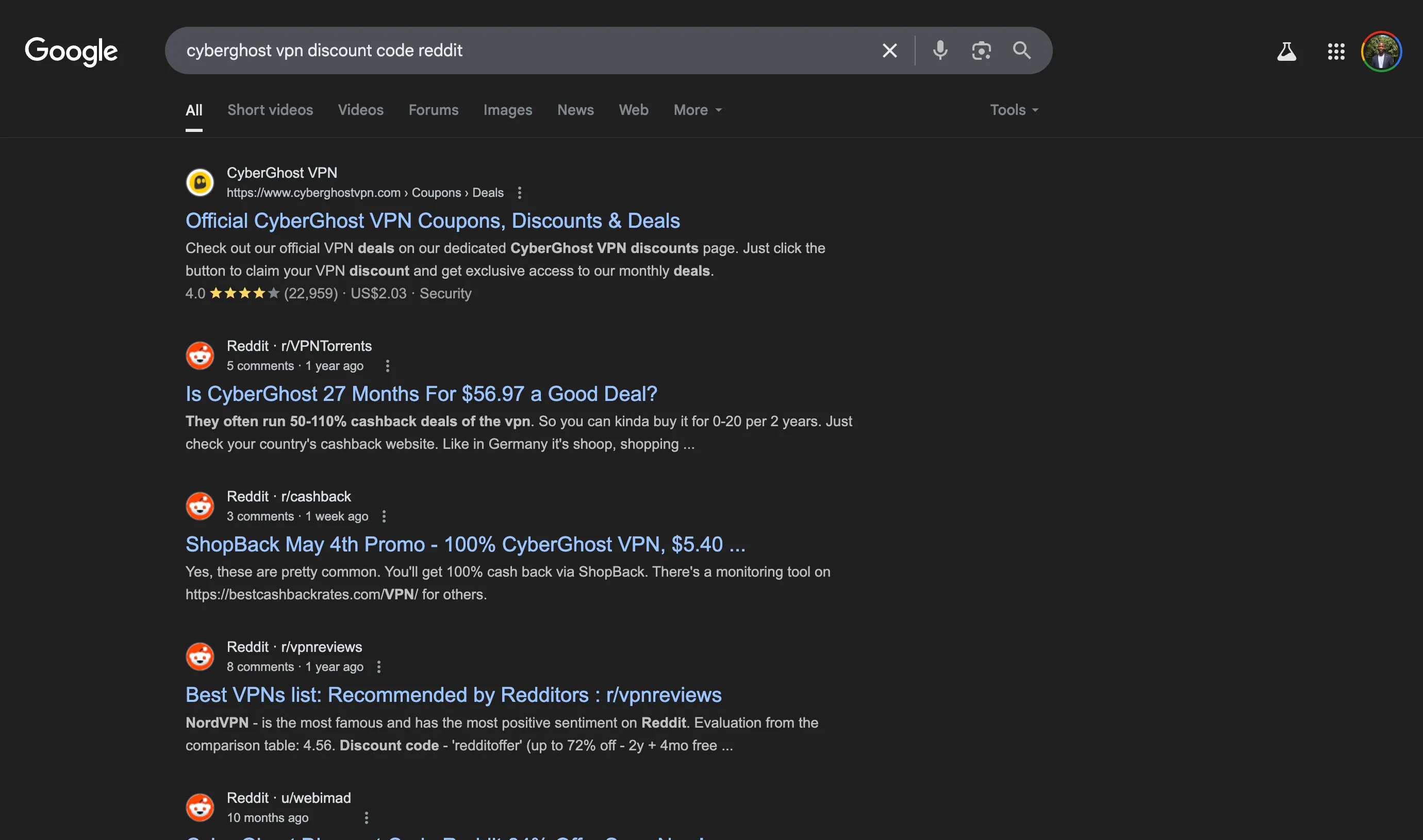 Kết quả tìm kiếm Google cho mã giảm giá VPN của CyberGhost