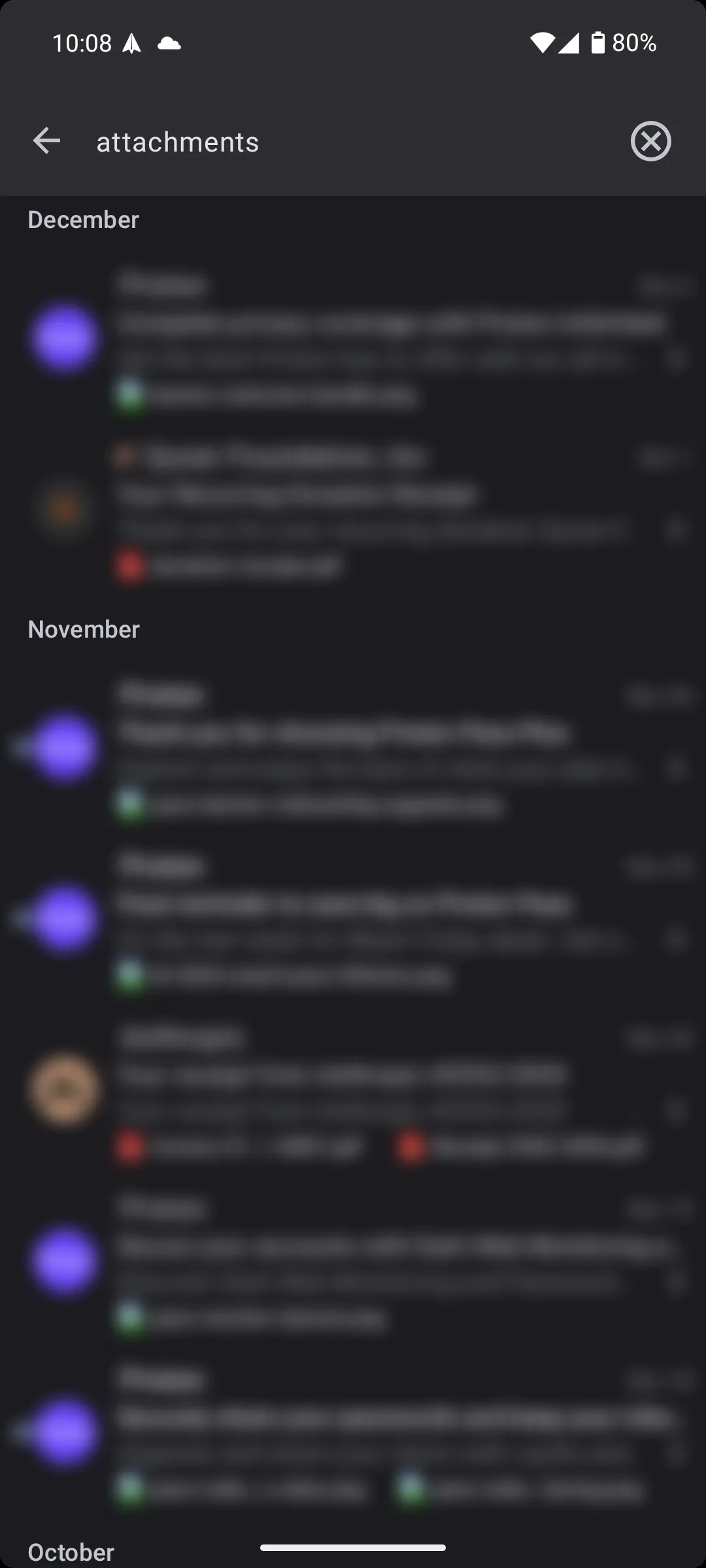Kết quả tìm kiếm tệp đính kèm trong Spark Mail Android, minh họa tính năng tìm kiếm thông minh theo loại tệp