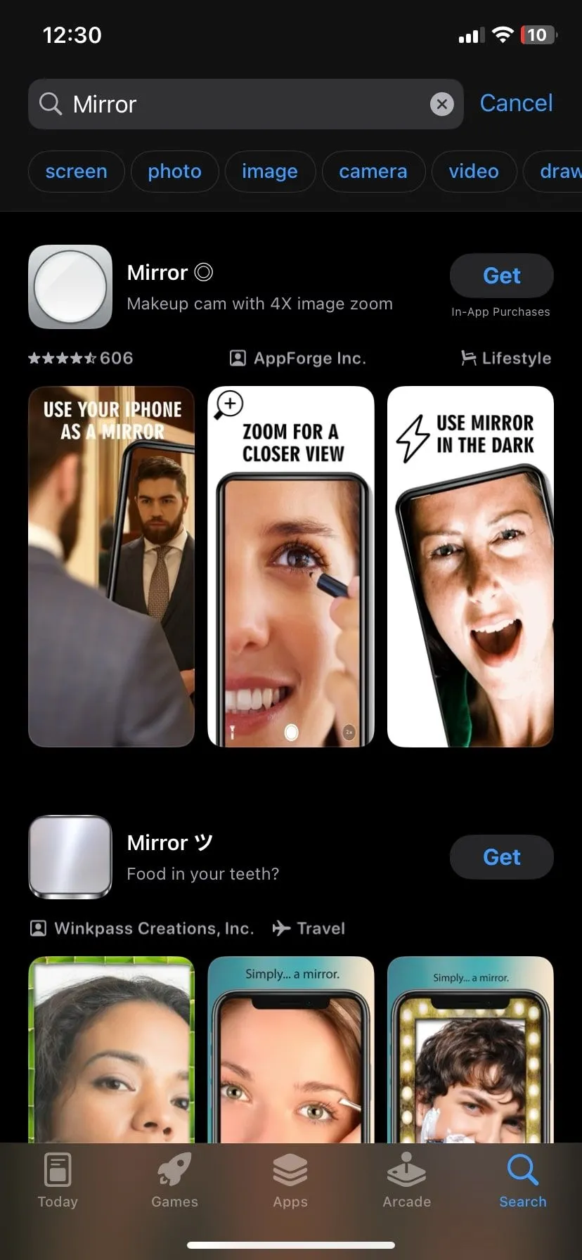 Kết quả tìm kiếm ứng dụng gương trên App Store, các ứng dụng này thường chỉ là đường tắt đến camera trước của iPhone.