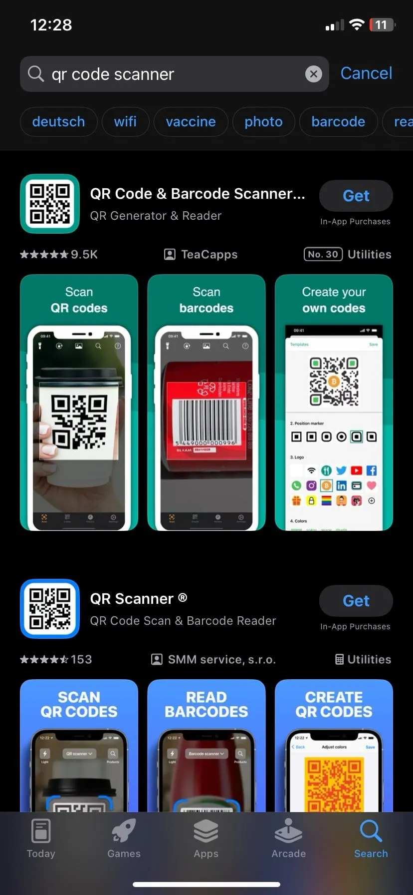 Kết quả tìm kiếm ứng dụng quét mã QR trên App Store, cho thấy sự phổ biến của các ứng dụng này mặc dù iPhone đã có tính năng tích hợp sẵn trong Camera.