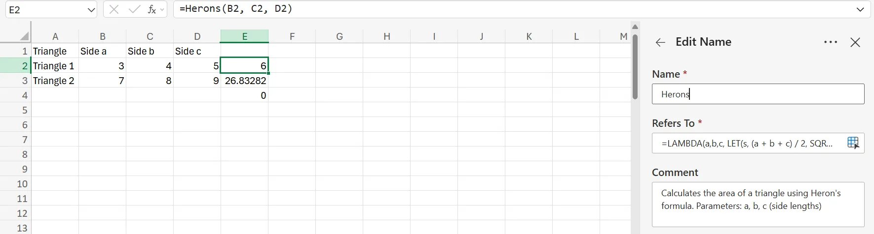 Kết quả tính toán diện tích tam giác sử dụng công thức Heron được tối ưu hóa bằng LAMBDA và LET trong Excel