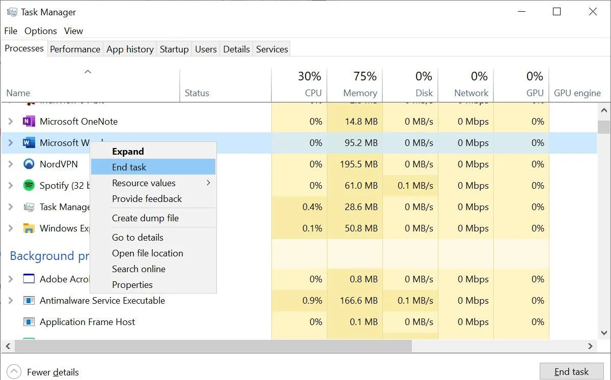 Kết thúc tác vụ trong Task Manager trên Windows 10.