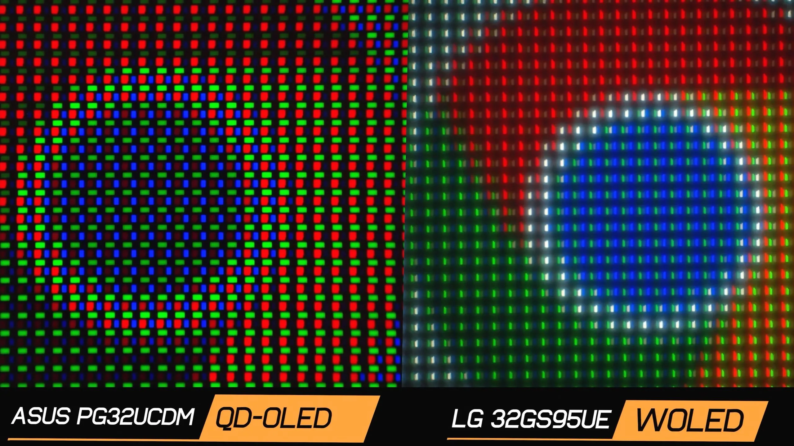 Kết xuất các bố cục subpixel khác nhau của tấm nền OLED từ Asus và LG, ảnh hưởng đến độ sắc nét văn bản trên màn hình OLED