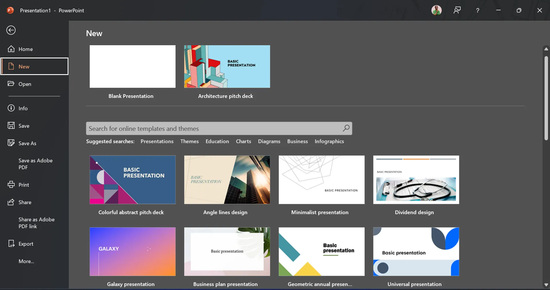 Kho thư viện mẫu thuyết trình đồ sộ của PowerPoint trên máy tính để bàn, gây cảm giác choáng ngợp và khó chọn lựa.