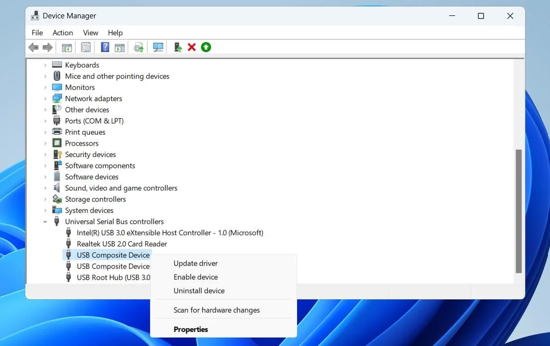 Kích hoạt lại driver bộ điều khiển USB trong Device Manager để khắc phục Bluetooth