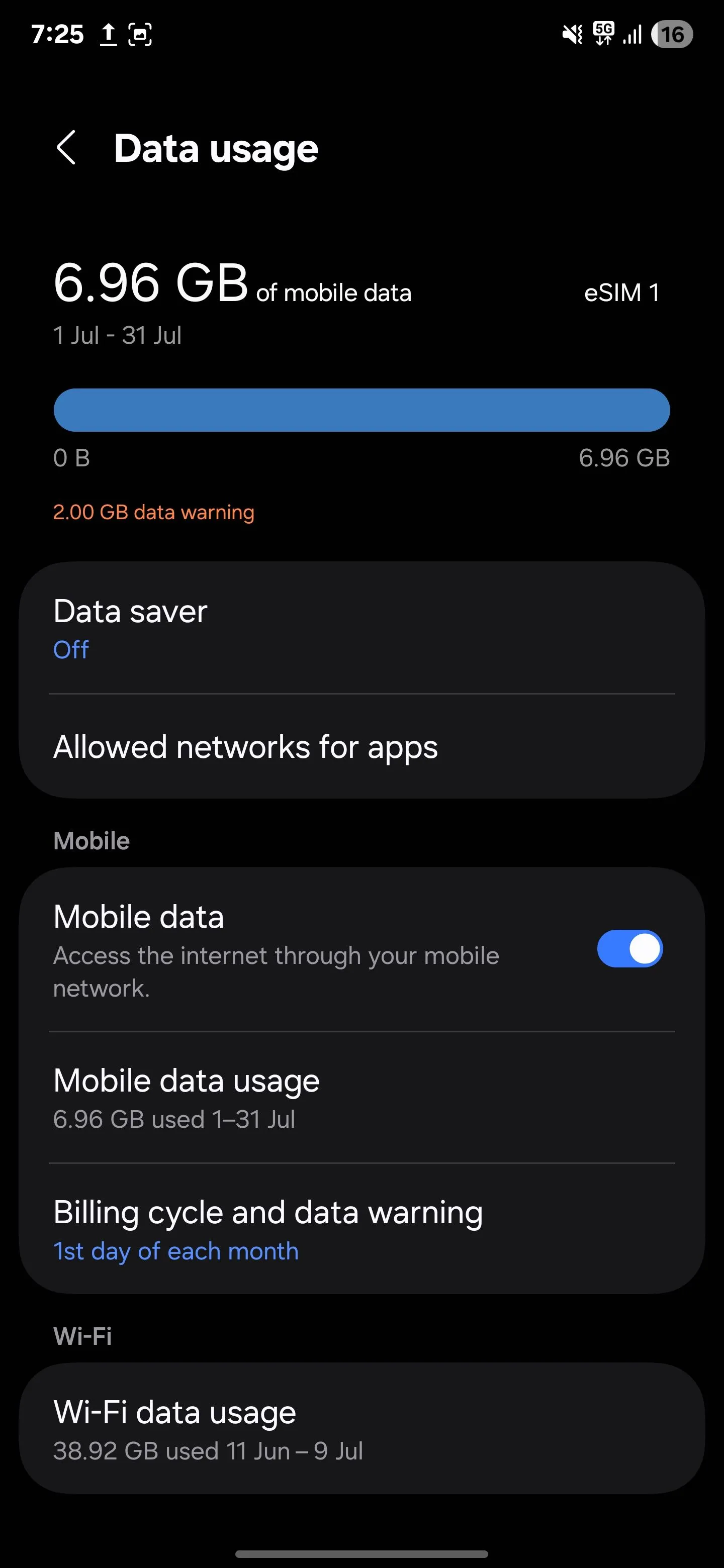 Kiểm tra mức sử dụng dữ liệu di động trên điện thoại Samsung, cho phép người dùng quản lý và hạn chế dữ liệu nền của ứng dụng để tiết kiệm pin.