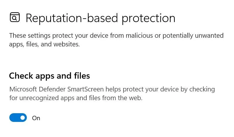 Kiểm tra và cài đặt bộ lọc Windows SmartScreen trong ứng dụng Cài đặt của Windows để tăng cường bảo vệ thiết bị.