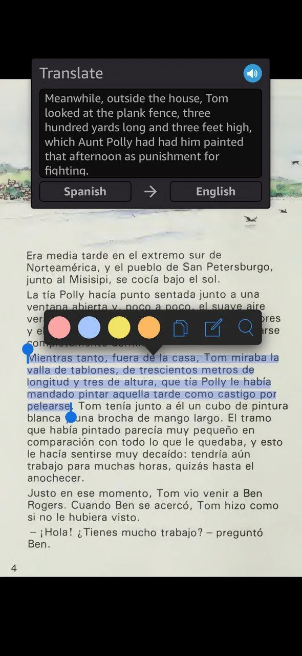 Kindle hiển thị từ vựng tiếng Tây Ban Nha được highlight và cửa sổ dịch nghĩa