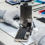 Kỹ thuật viên đang thực hiện sửa chữa trên bo mạch chủ của smartphone, minh họa phương pháp sửa đổi phần cứng để vô hiệu hóa tính năng theo dõi.
