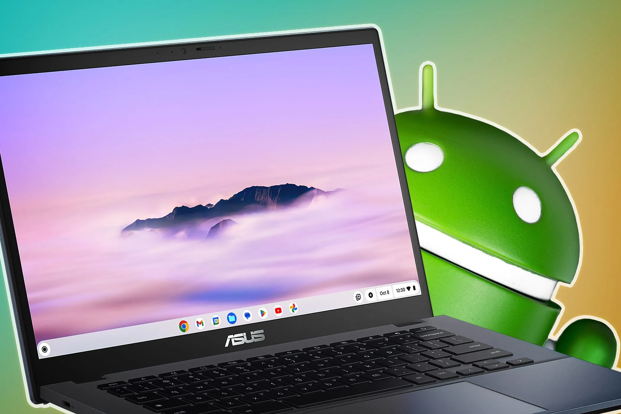 Laptop ASUS Chromebook với hình nền phong cảnh cùng logo Android, biểu thị khả năng chạy ứng dụng Android